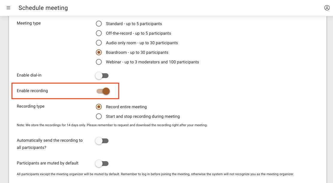 Veeting meeting settings with the recording option being switched on