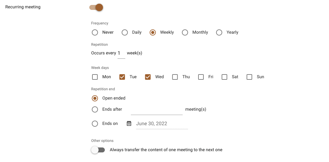 Scheduling a recurring Veeting meeting by selecting the weekdays it repeats on