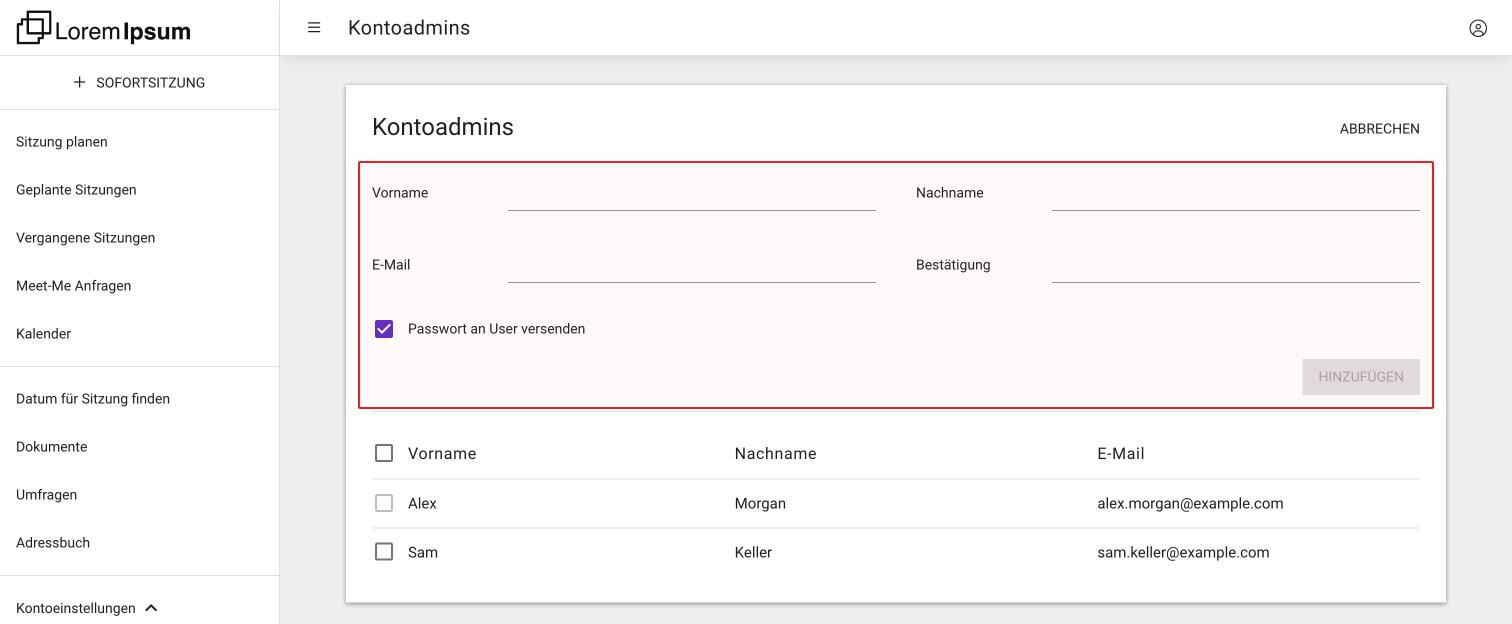 Die Seite Kontoadmins mit geöffnetem Formular: Vorname, Nachname, E-Mail, Bestätigung und Passwort an User versenden