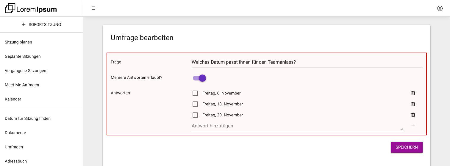 Die Seite Umfrage bearbeiten mit einer Frage, eingeschaltetem Mehrere Antworten erlaubt? und drei Antworten
