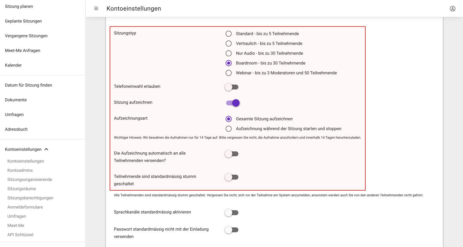 Die Standardeinstellungen mit Boardroom ausgewählt und eingeschalteter Aufzeichnung, sodass die Optionen zur Aufzeichnung sichtbar sind