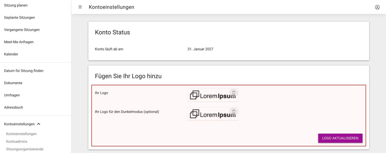 Die Karte Fügen Sie Ihr Logo hinzu mit einem hochgeladenen Logo und einem Logo für den Dunkelmodus und der Schaltfläche Logo aktualisieren