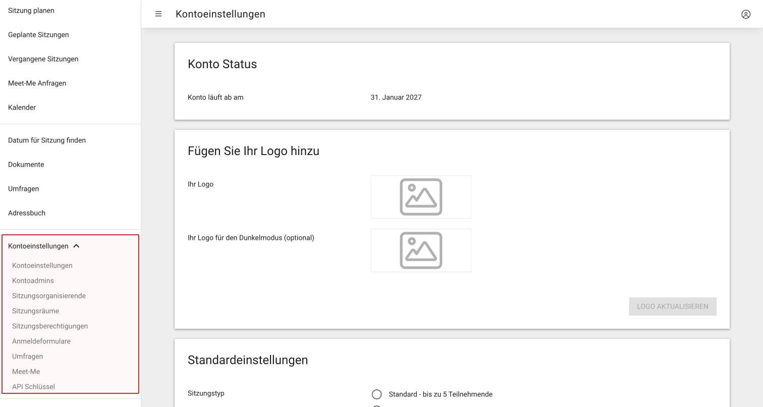 Das Seitenmenü einer Kontoadministration mit der geöffneten Gruppe Kontoeinstellungen