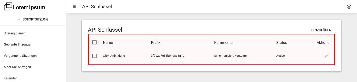 Die Seite API Schlüssel mit einem Schlüssel in der Liste: Name, Präfix, Kommentar und Status