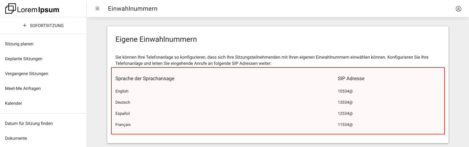 Die Karte Eigene Einwahlnummern mit der Tabelle der Sprachen der Sprachansage und der SIP Adressen