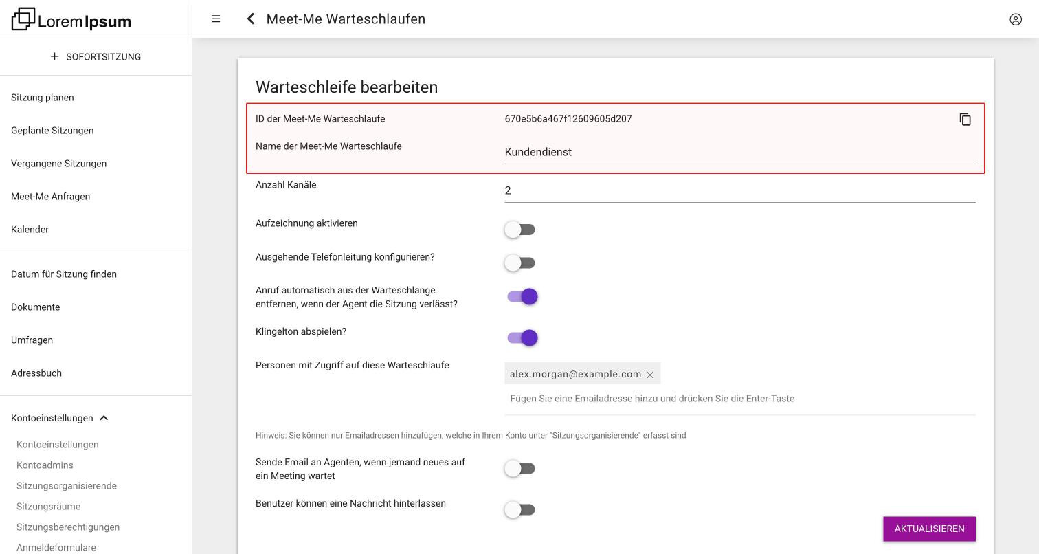 Die Seite Warteschleife bearbeiten einer gespeicherten Warteschlaufe, mit der ID und dem Namen der Meet-Me Warteschlaufe oben und den Optionen darunter