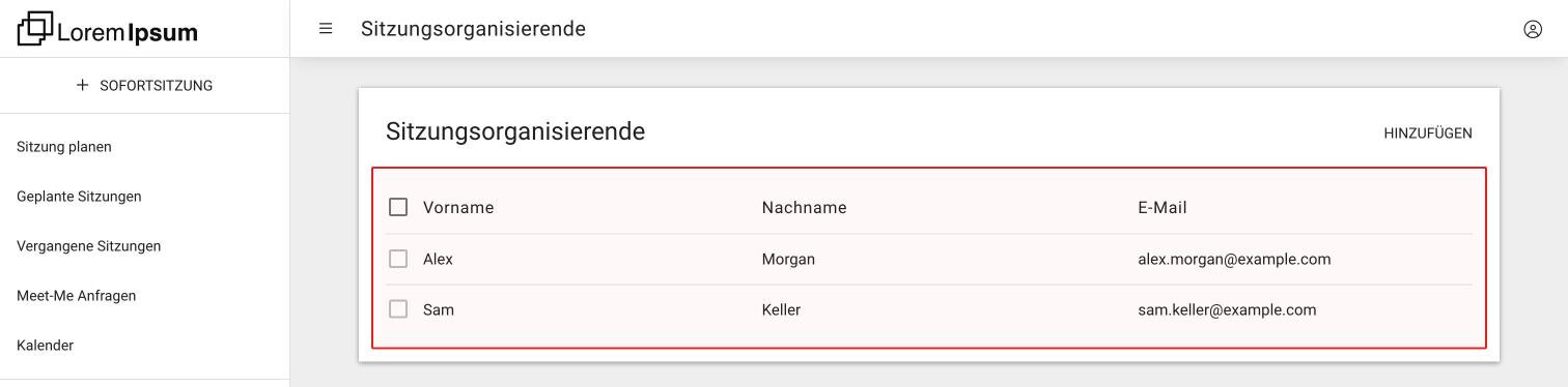 Die Seite Sitzungsorganisierende mit zwei Personen in der Liste