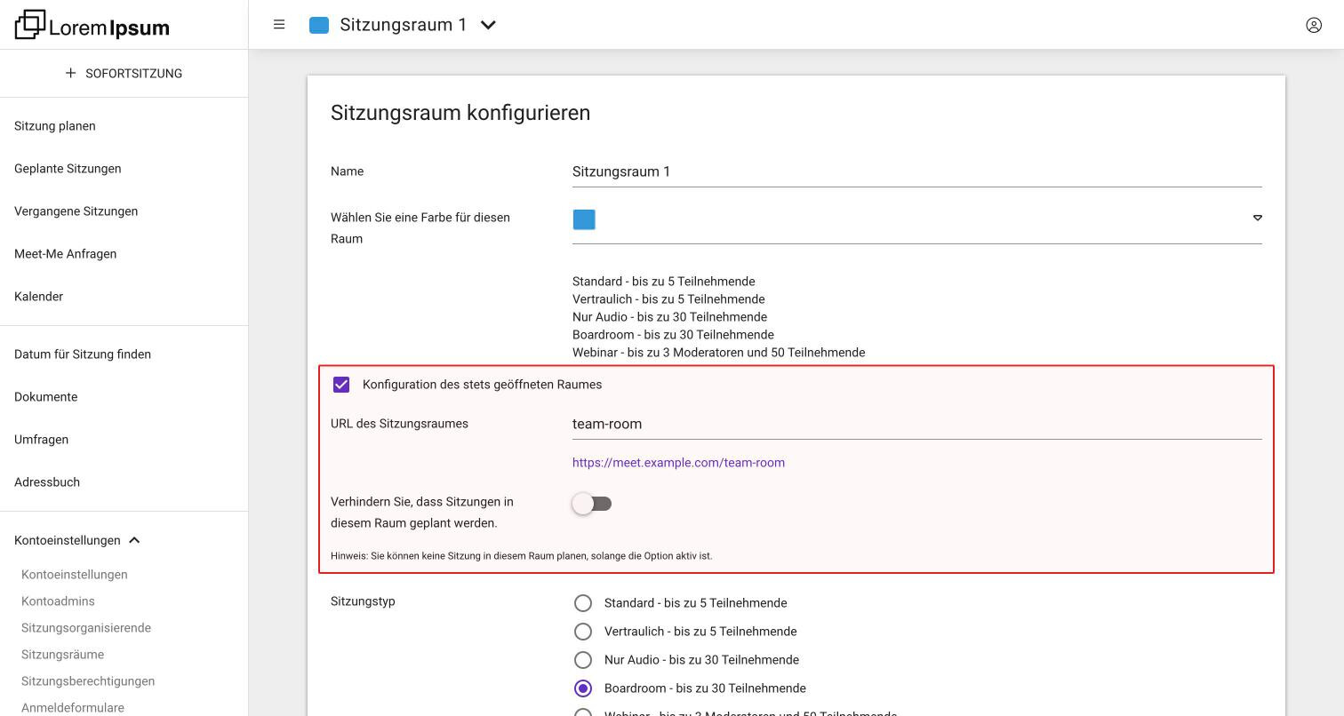 Die Karte Sitzungsraum konfigurieren mit aktivierter Konfiguration des stets geöffneten Raumes, der URL des Sitzungsraumes und Verhindern Sie, dass Sitzungen in diesem Raum geplant werden