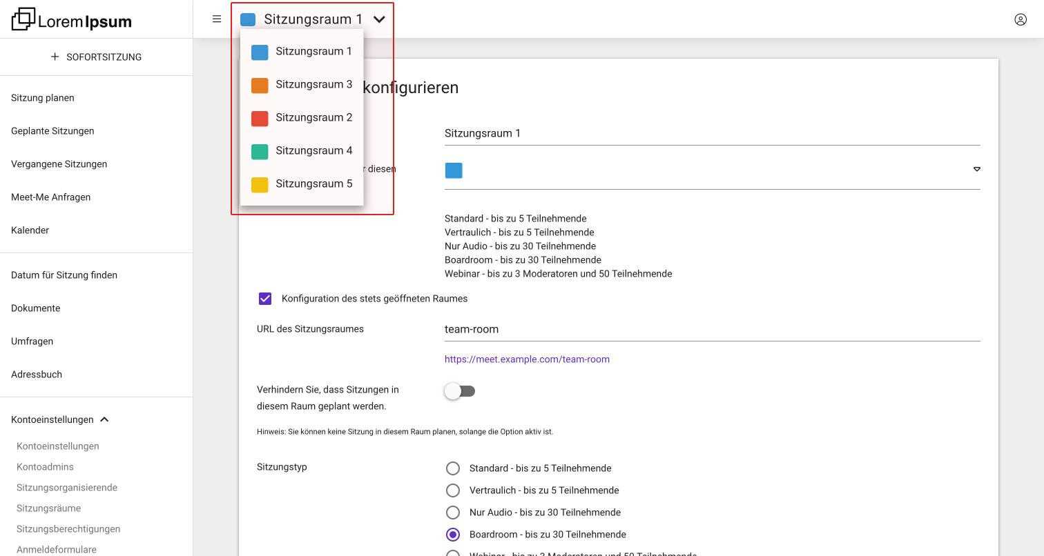 Die Seite der Sitzungsräume mit dem geöffneten Raummenü oben links und der Karte Sitzungsraum konfigurieren darunter