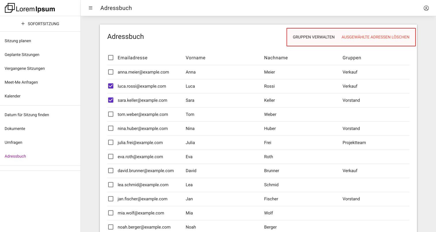 Das Adressbuch mit Kontakten und Gruppen, zwei Kontakte ausgewählt, sodass Gruppen verwalten und Ausgewählte Adressen löschen erscheinen