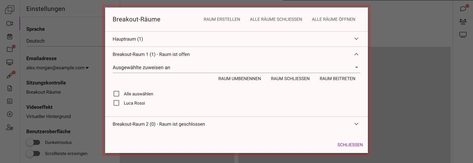 Der Dialog Breakout-Räume mit dem Hauptraum, einem offenen Breakout-Raum mit einer zugewiesenen Person und einem geschlossenen Breakout-Raum