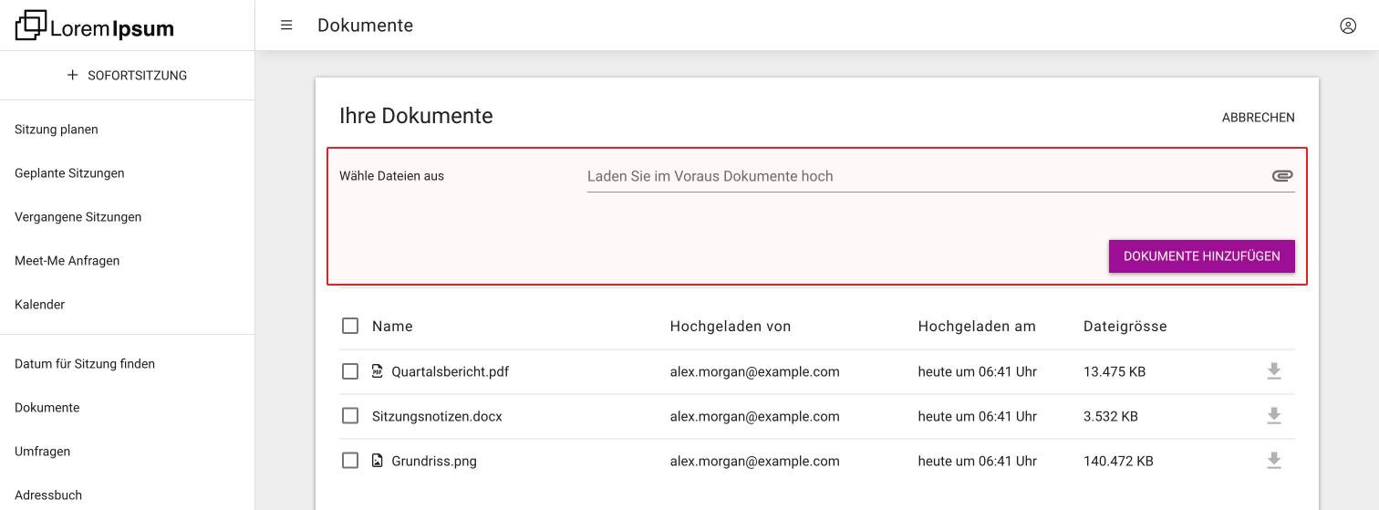 Die Liste Ihre Dokumente mit drei Dokumenten und dem geöffneten Formular mit Wähle Dateien aus und Dokumente hinzufügen