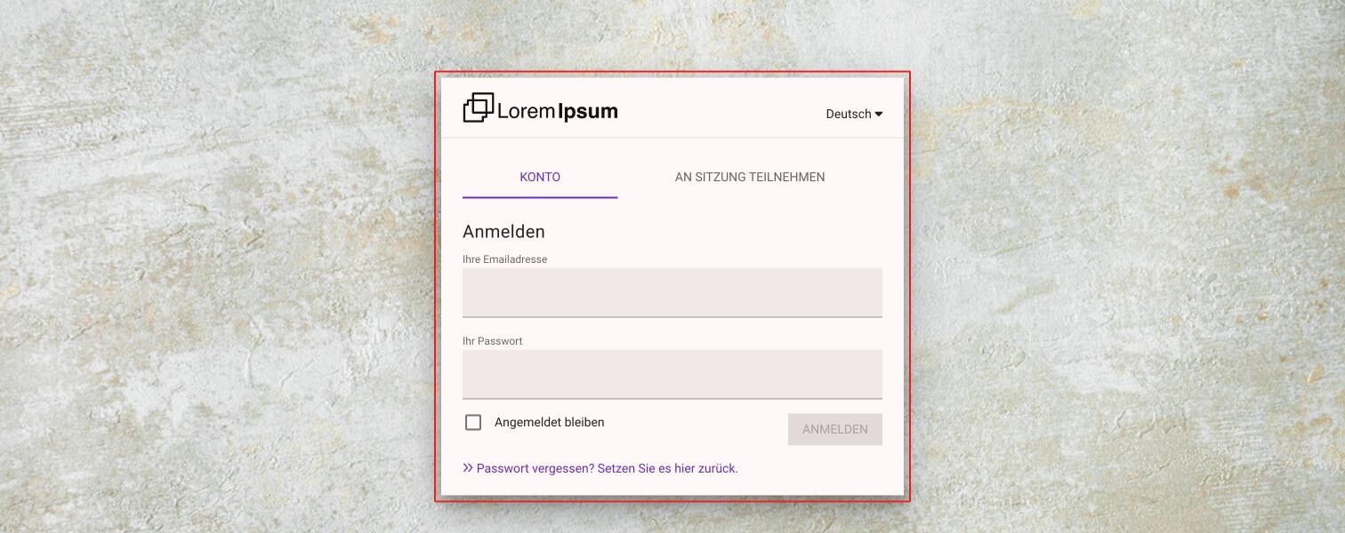 Die Anmeldeseite mit den Tabs Konto und An Sitzung teilnehmen, den Feldern für Emailadresse und Passwort, Angemeldet bleiben und dem Link zum Zurücksetzen des Passworts