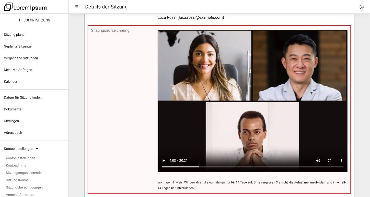 Die Sitzungsaufzeichnung einer beendeten Sitzung: der Videoplayer mit der Aufzeichnung von drei Teilnehmenden und der Hinweis, dass die Aufnahmen nur 14 Tage aufbewahrt werden