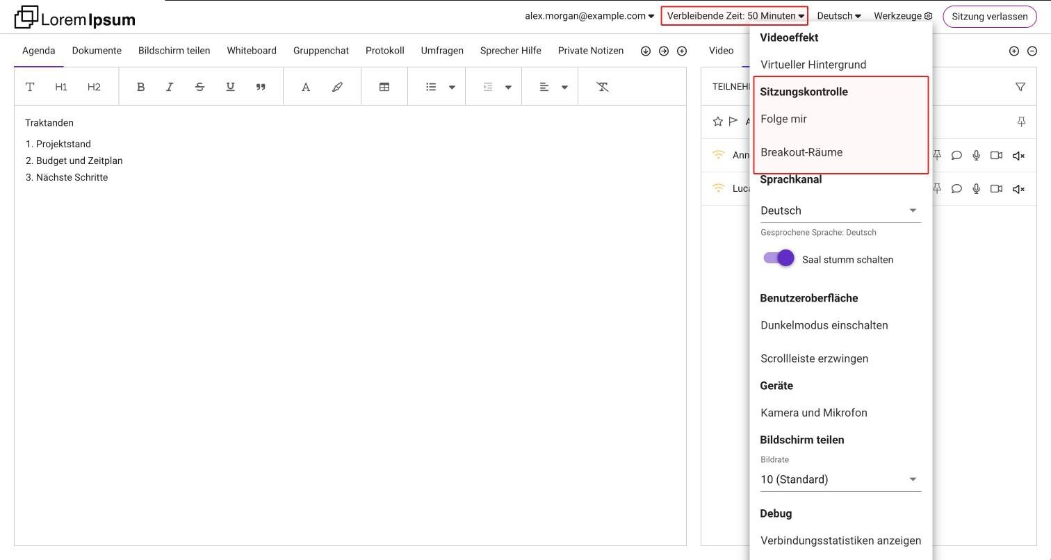 Eine laufende Sitzung im klassischen Layout aus Sicht der Sitzungsorganisierenden: Verbleibende Zeit oben und das geöffnete Menü Werkzeuge bei Sitzungskontrolle mit Folge mir und Breakout-Räume