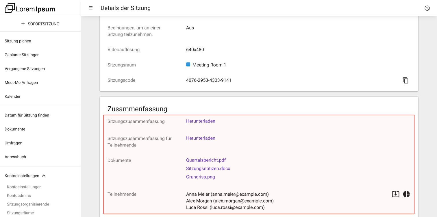 Die Karte Zusammenfassung einer beendeten Sitzung mit beiden Sitzungszusammenfassungen, den Dokumenten und den Teilnehmenden