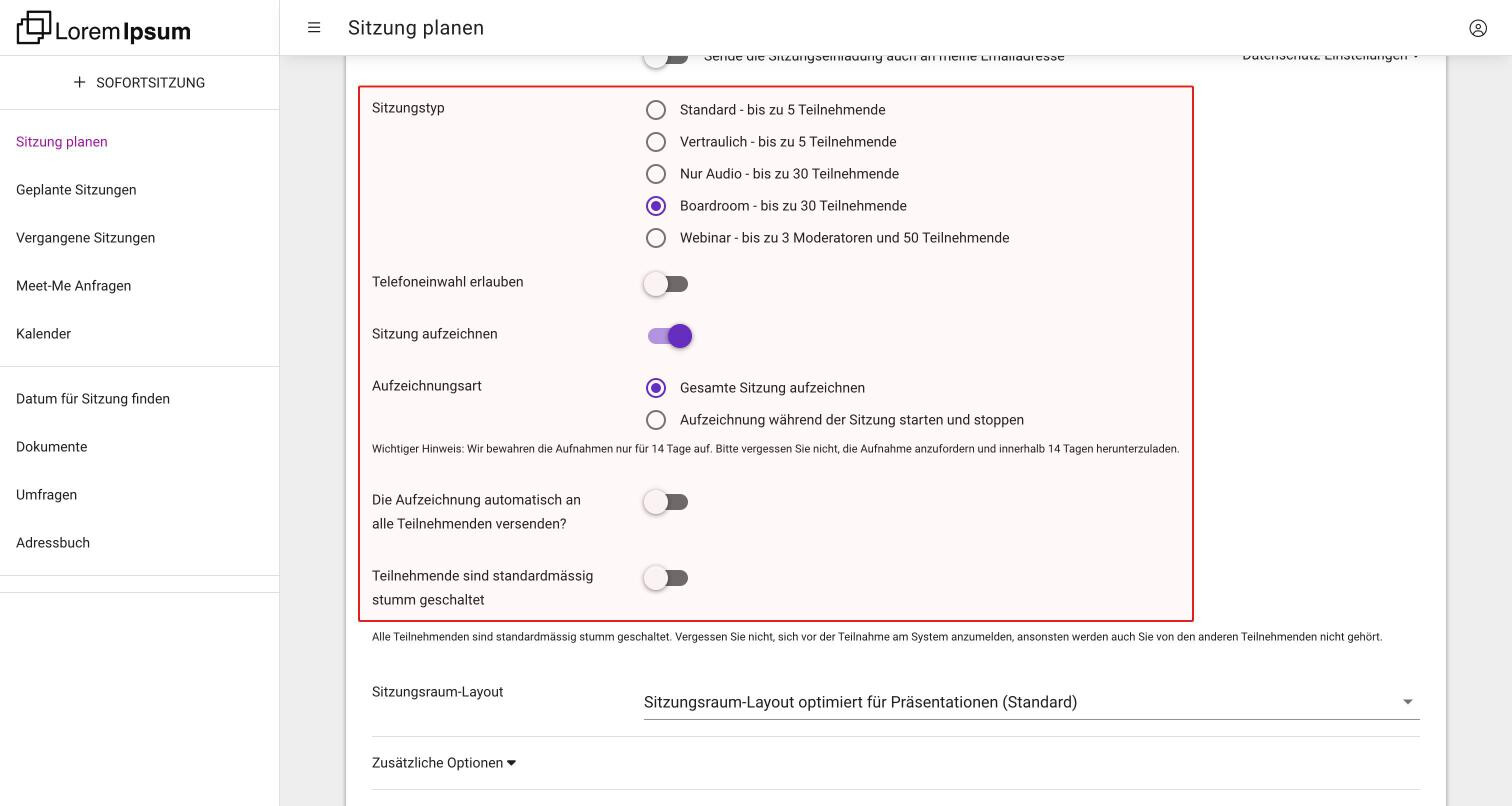 Die Sitzungstypen im Formular mit Boardroom ausgewählt und darunter Telefoneinwahl erlauben, Sitzung aufzeichnen, Aufzeichnungsart, das automatische Versenden der Aufzeichnung und Teilnehmende sind standardmässig stumm geschaltet