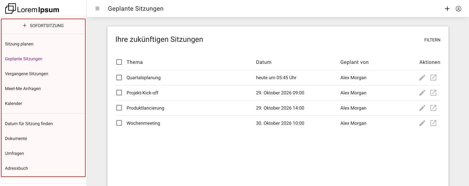 Das Portal nach der Anmeldung: das Seitenmenü mit Sofortsitzung, Sitzung planen, Geplante Sitzungen und den weiteren Einträgen, und die Liste der geplanten Sitzungen