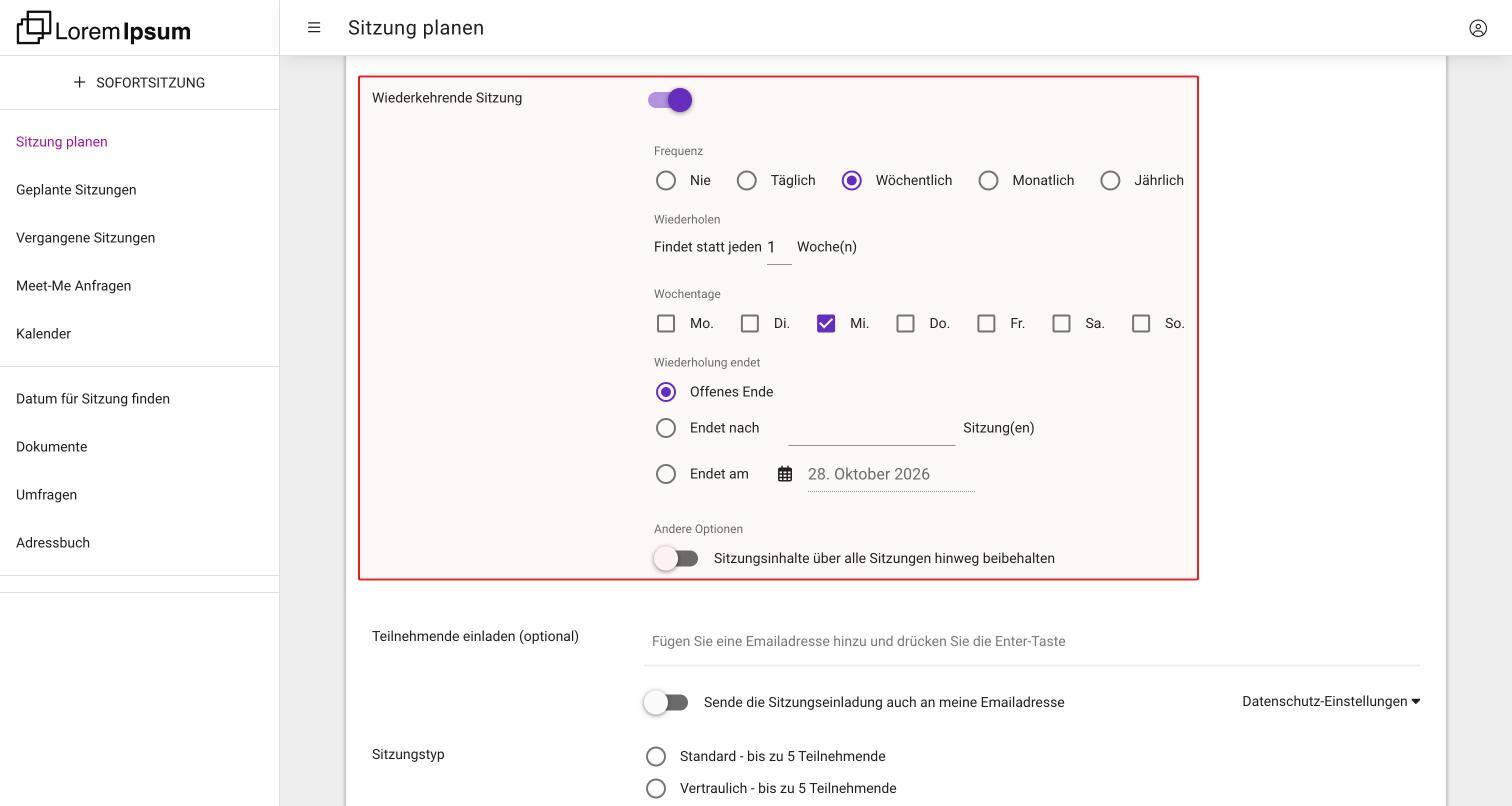 Das Formular mit eingeschalteter Wiederkehrender Sitzung und Wöchentlich: Wiederholung, Wochentage, Ende der Wiederholung und Sitzungsinhalte über alle Sitzungen hinweg beibehalten