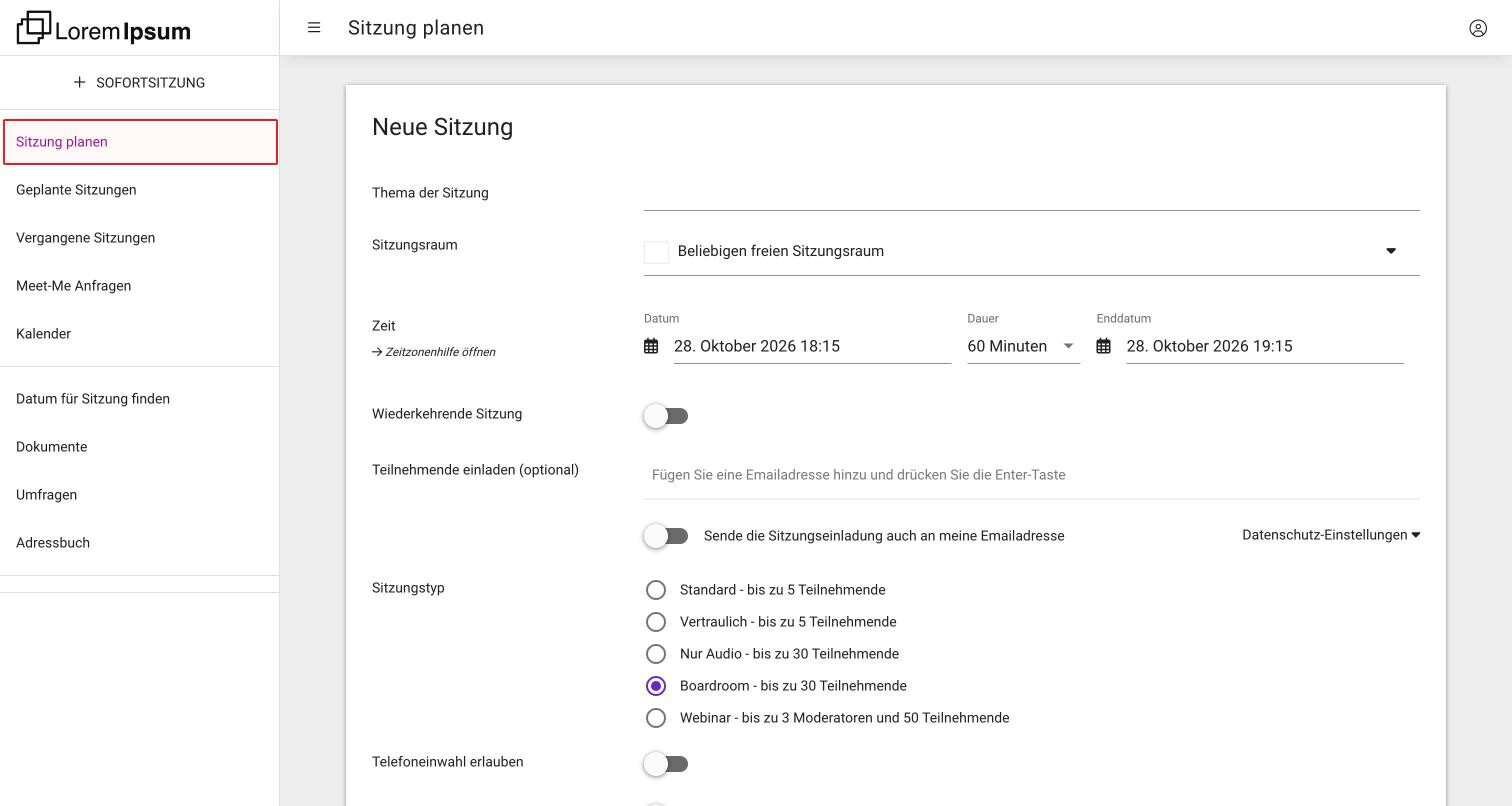 Das leere Formular Neue Sitzung mit Thema, Sitzungsraum, Zeit, wiederkehrender Sitzung, Teilnehmende einladen und Sitzungstyp