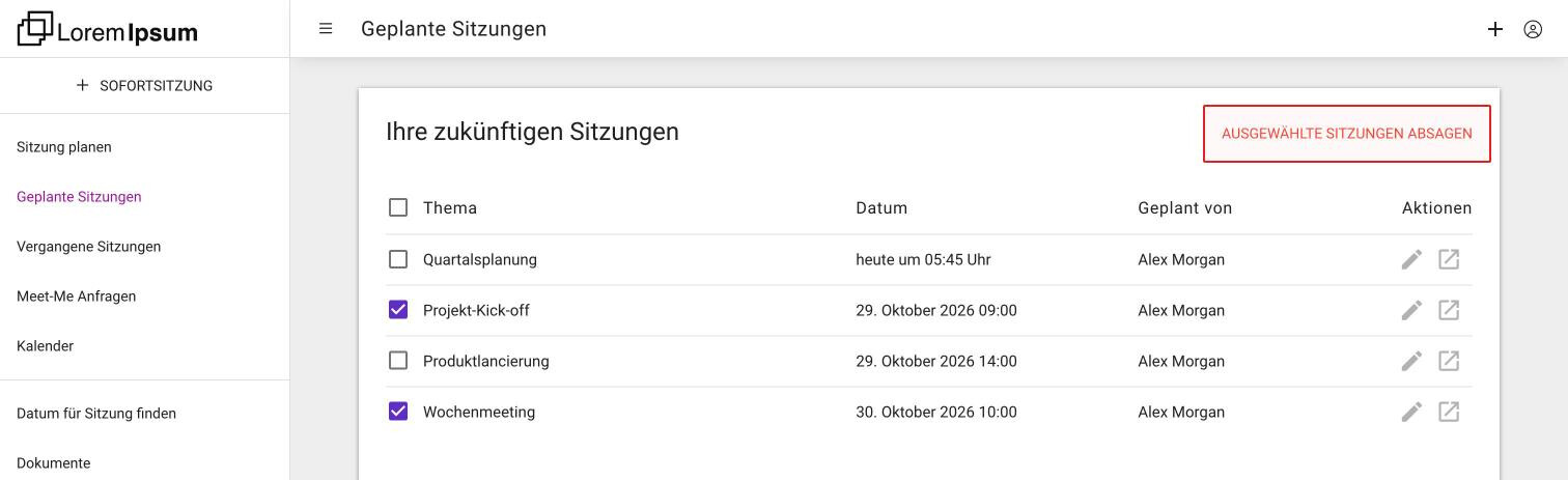 Die Liste Ihre zukünftigen Sitzungen mit zwei ausgewählten Sitzungen, sodass Ausgewählte Sitzungen absagen erscheint