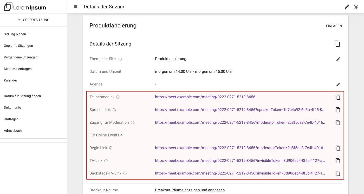 Die Detailseite eines Webinars mit Teilnehmerlink, Sprecherlink, Zugang für Moderation und dem geöffneten Bereich Für Online-Events mit Regie-Link, TV-Link und Backstage-TV-Link