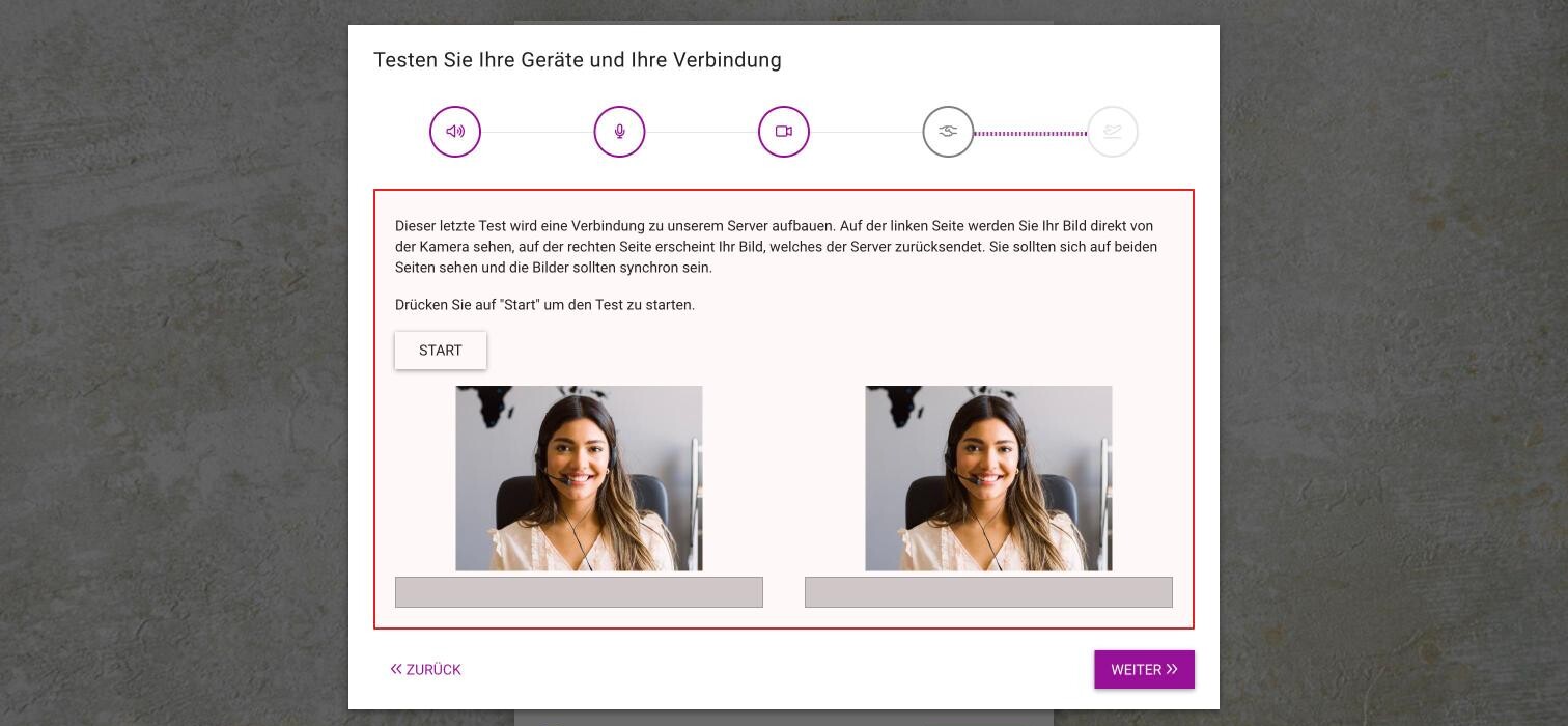 Das Fenster Testen Sie Ihre Geräte und Ihre Verbindung beim Verbindungstest, mit der Schaltfläche Start, links dem Bild der Kamera und rechts dem Bild, das der Server zurücksendet