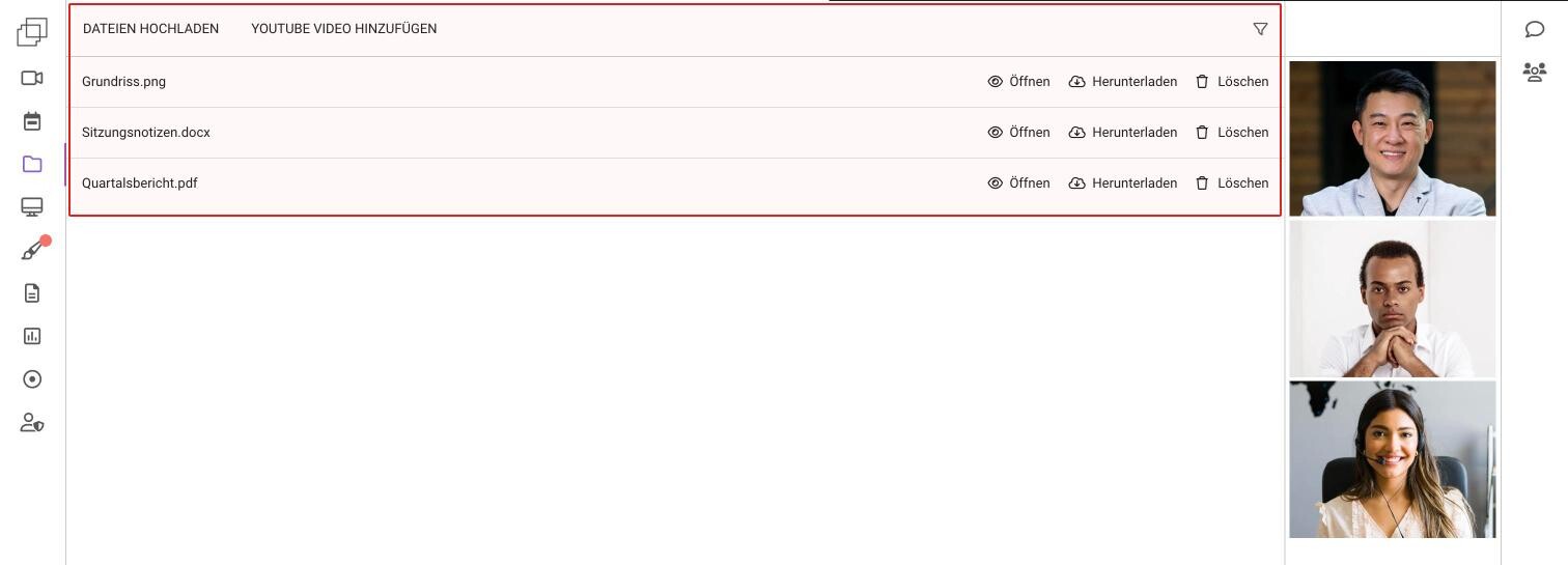 Der Tab Dokumente mit drei Dateien, Dateien hochladen und YouTube Video hinzufügen oben, und Öffnen, Herunterladen und Löschen neben jeder Datei