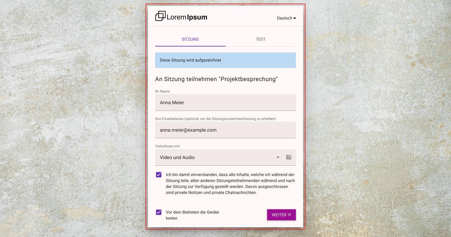 Die Beitrittsseite einer aufgezeichneten Sitzung mit dem Hinweis Diese Sitzung wird aufgezeichnet, den Feldern Ihr Name, Emailadresse und Teilnehmen mit, der Einverständniserklärung, Vor dem Beitreten die Geräte testen und der Schaltfläche Weiter