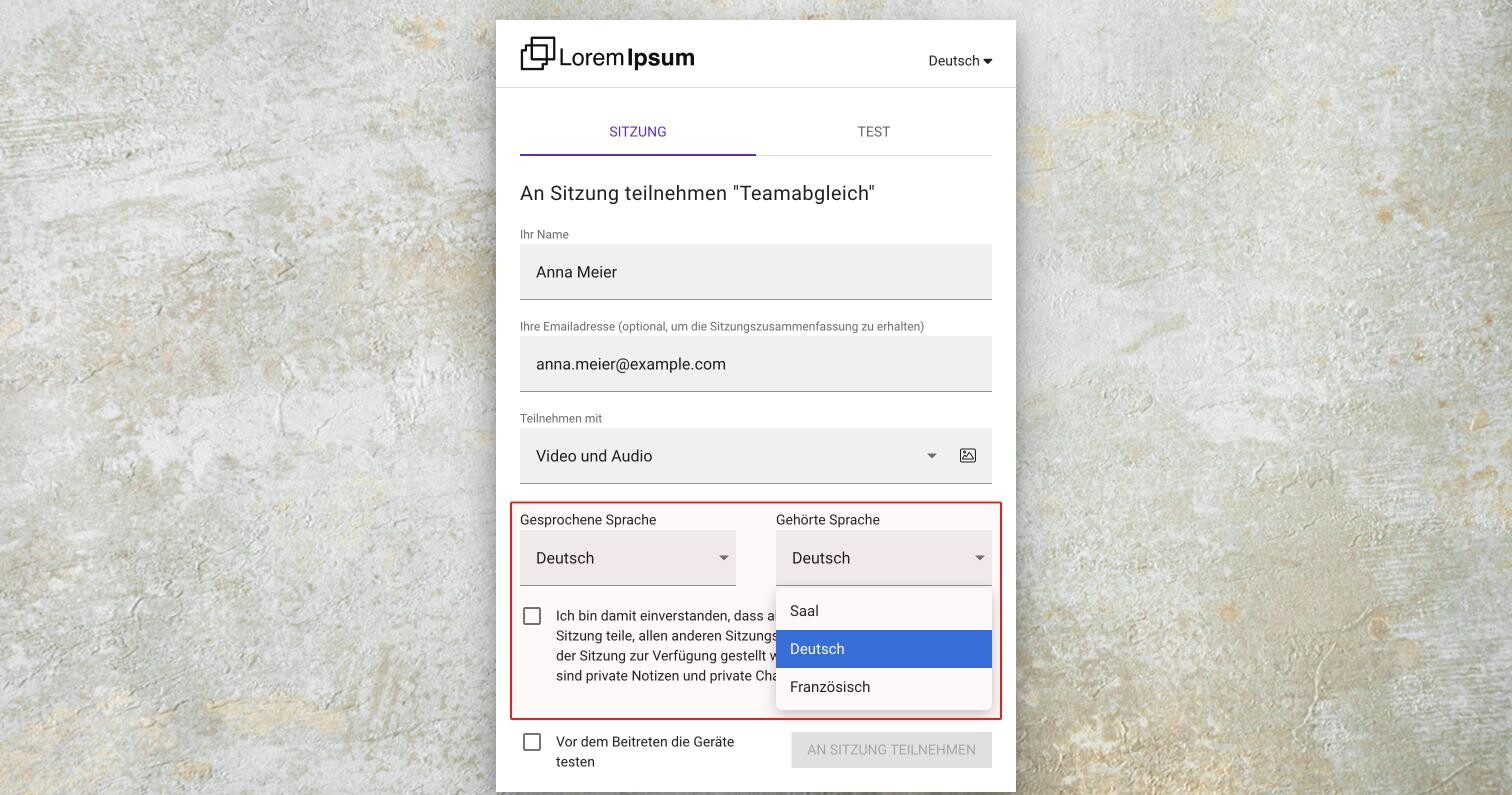 Die Beitrittsseite einer Sitzung mit Sprachkanälen: Gesprochene Sprache und Gehörte Sprache nebeneinander, Gehörte Sprache geöffnet mit Saal, Deutsch und Französisch