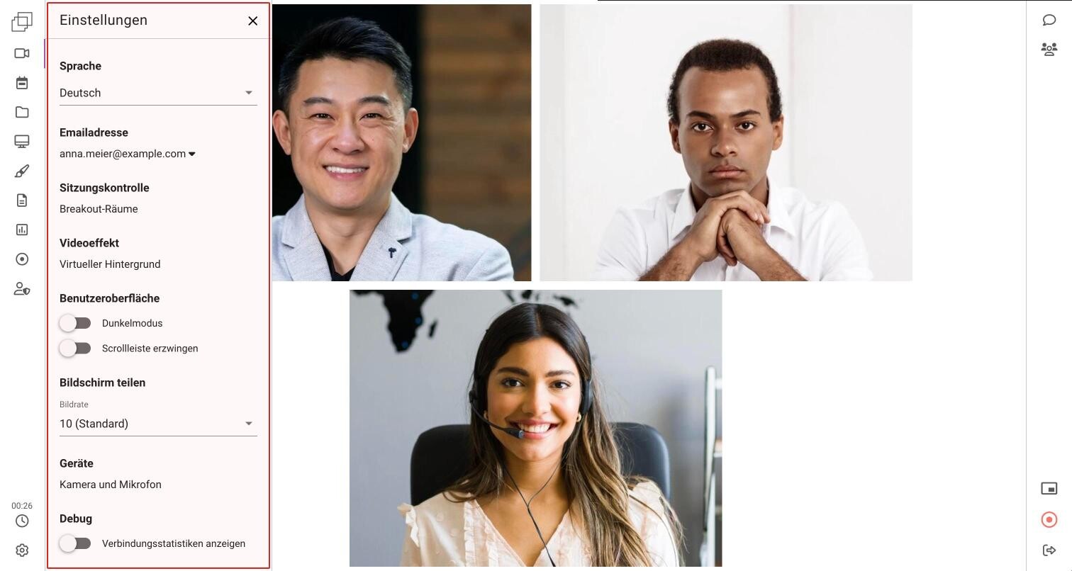 Das Fenster Einstellungen, geöffnet mit dem Zahnrad, mit Sprache, Emailadresse, Videoeffekt, Benutzeroberfläche, Bildschirm teilen, Geräte und Debug