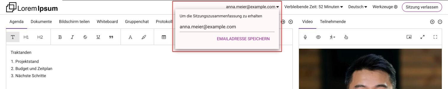 Das Menü mit der Emailadresse oben im klassischen Layout, mit dem Text Um die Sitzungszusammenfassung zu erhalten, einer eingegebenen Adresse und Emailadresse speichern