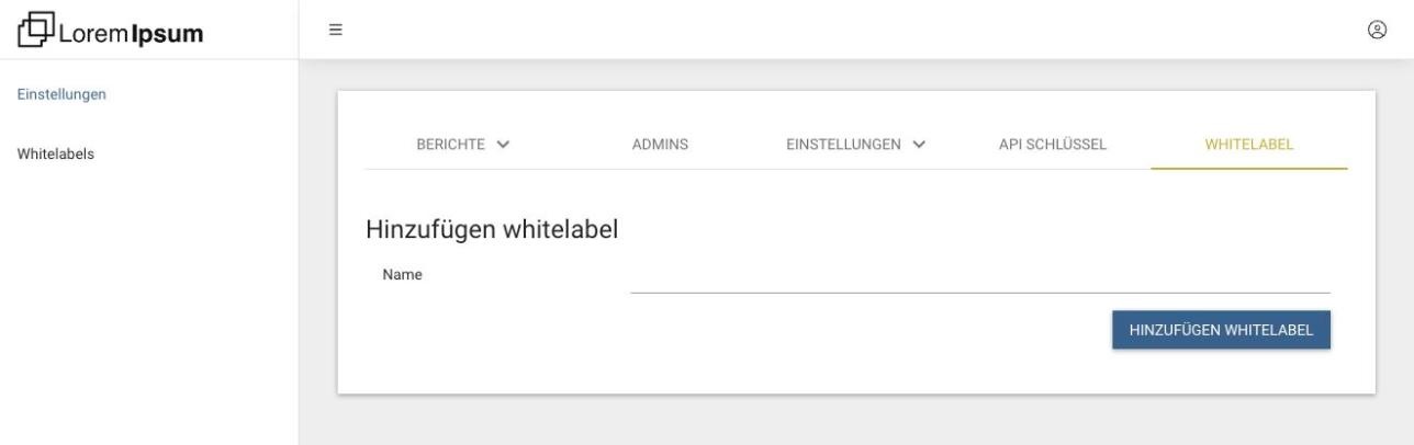 Der Tab Whitelabel eines Resellers im Partnerportal, mit dem Feld Name und der Schaltfläche Hinzufügen whitelabel