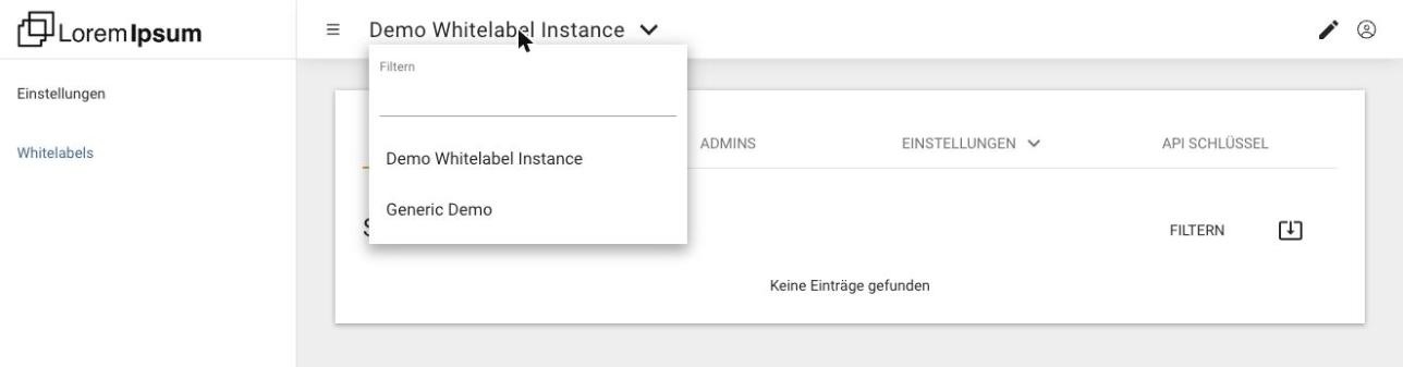Die Instanzauswahl oben im Partnerportal, geöffnet, mit einem Filterfeld und zwei Instanzen