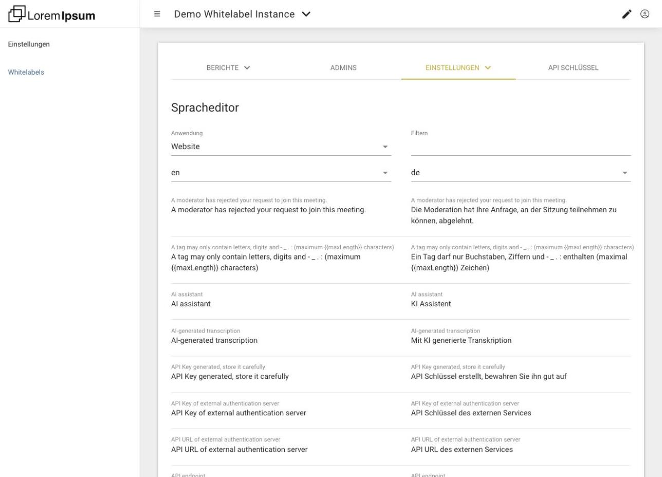 Der Spracheditor mit der Anwendung Website, Englisch und Deutsch nebeneinander und einem Filterfeld