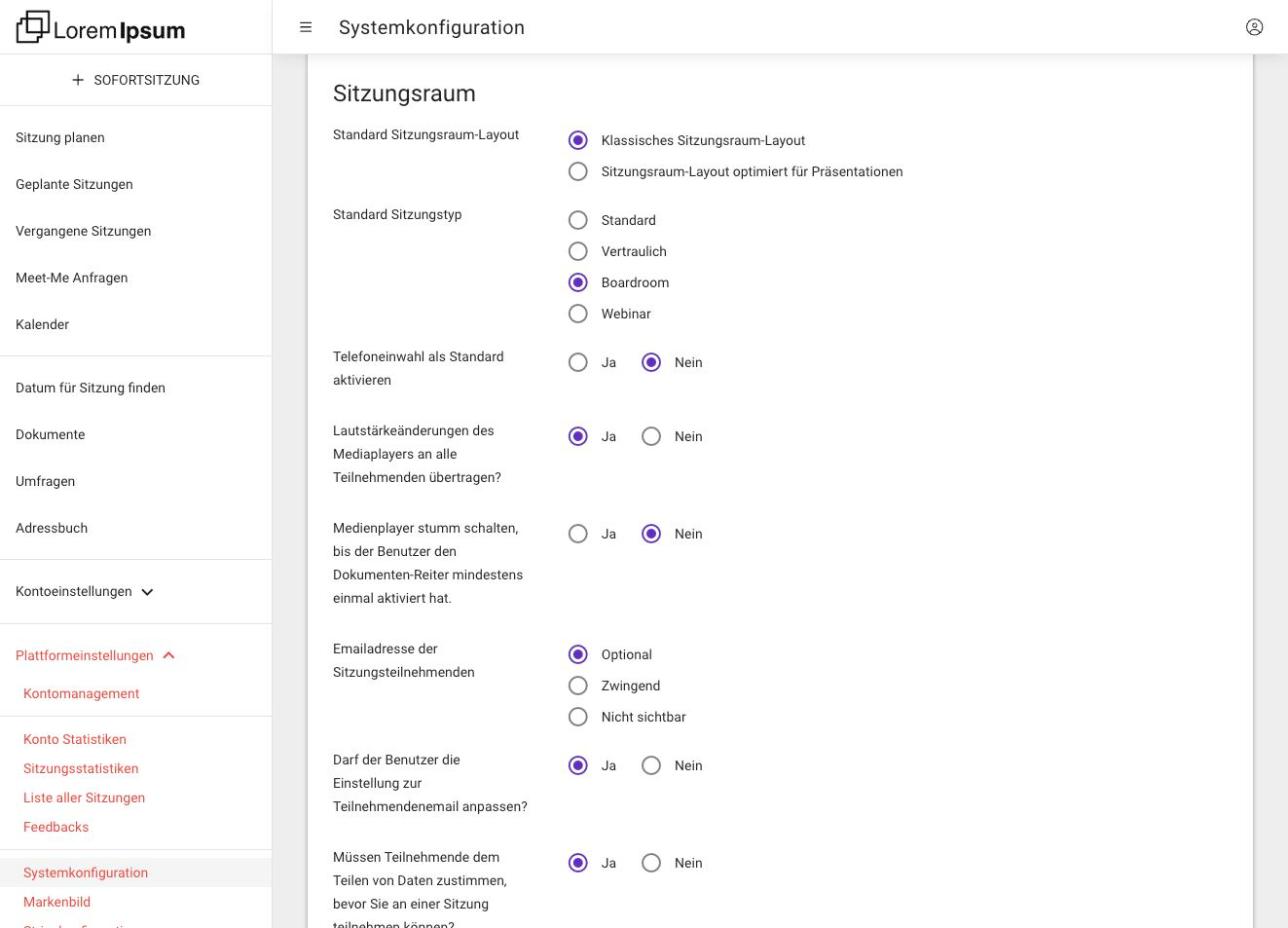 Der Anfang des Abschnitts Sitzungsraum: Standard-Layout, Standard-Sitzungstyp, Telefoneinwahl, Mediaplayer und E-Mail-Adresse der Teilnehmenden