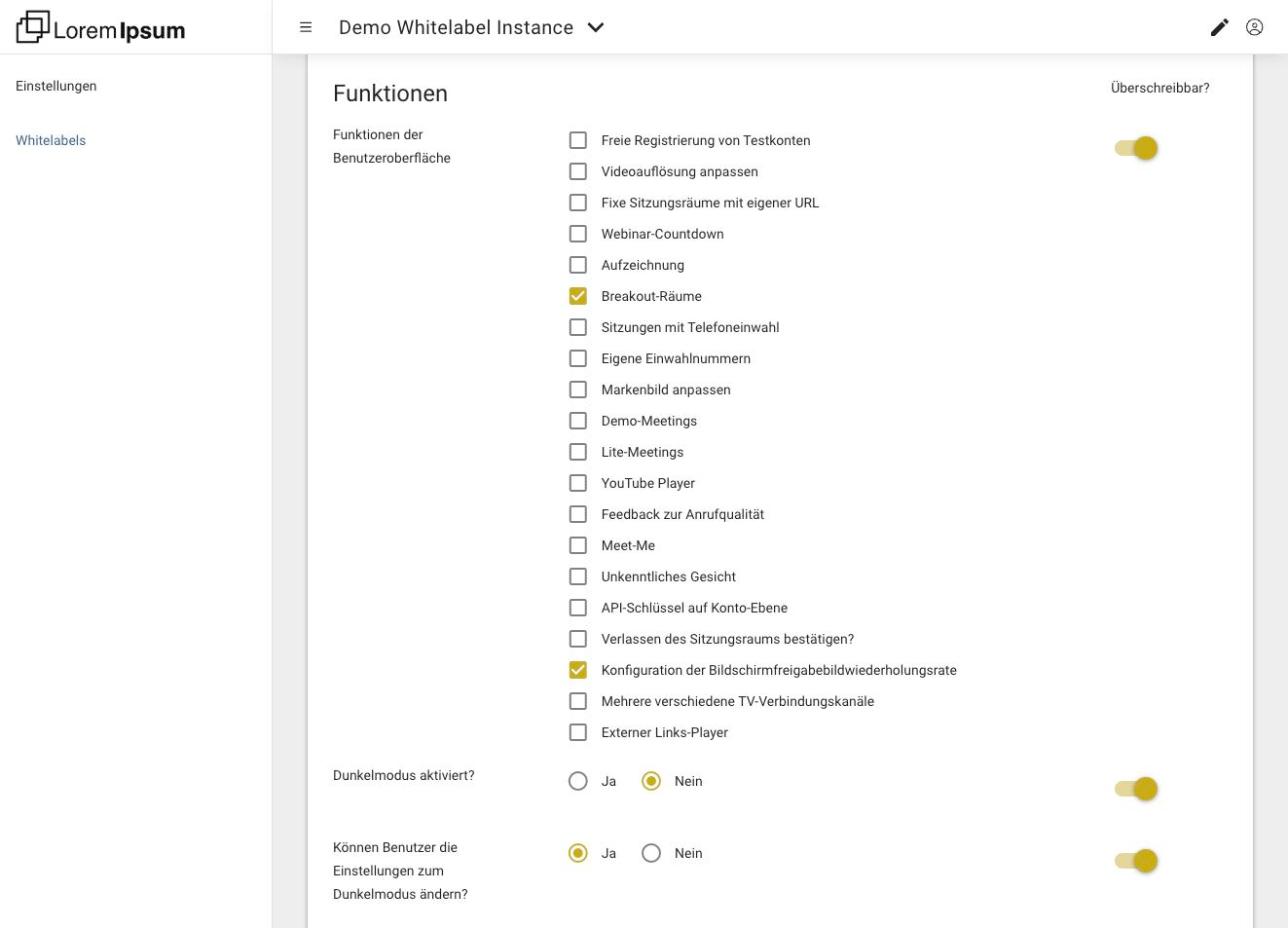 Der Abschnitt Funktionen der White-Label-Einstellungen einer Instanz aus Sicht ihres Resellers, mit dem Schalter Überschreibbar? in der rechten Spalte