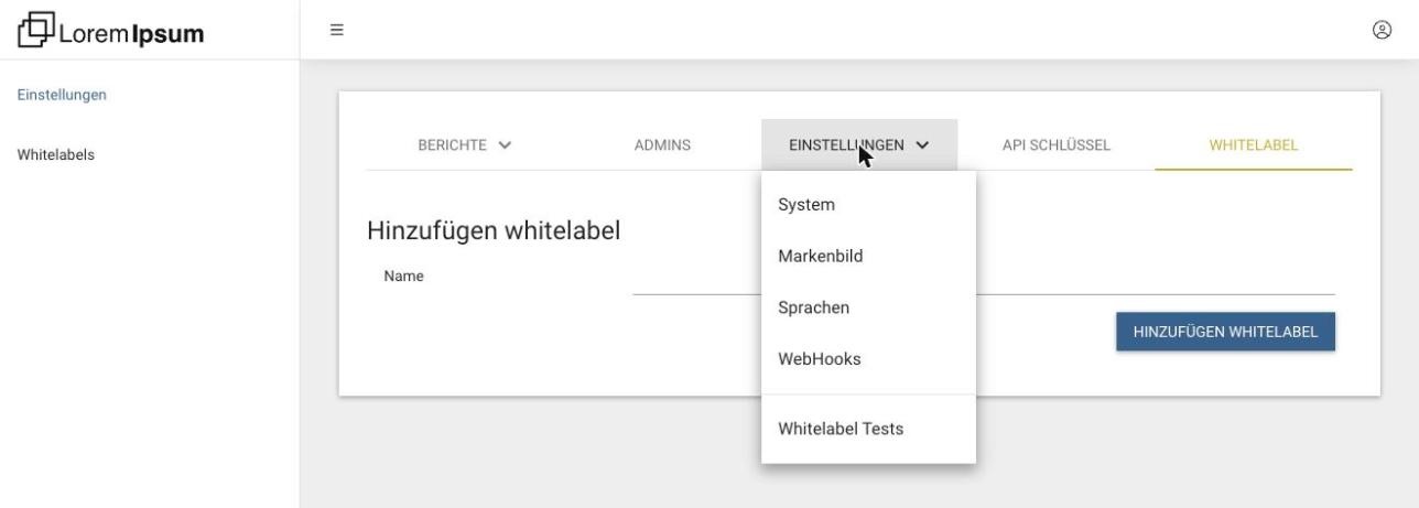 Die Tabs eines Resellers im Partnerportal mit geöffnetem Menü Einstellungen: System, Markenbild, Sprachen, WebHooks und Whitelabel Tests