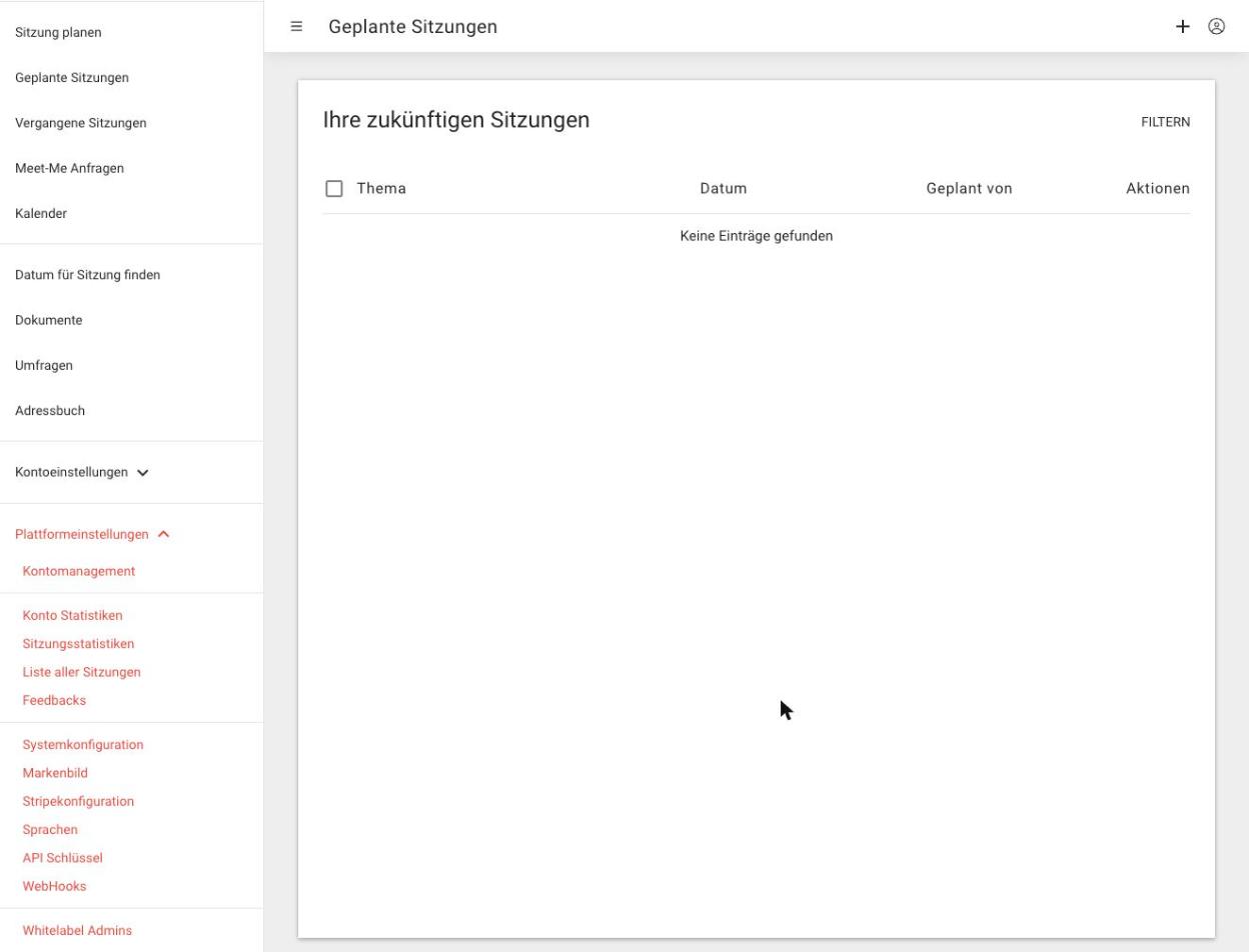 Das Seitenmenü in einer Instanz mit aufgeklappten Plattformeinstellungen: Kontomanagement, Statistiken, Systemkonfiguration, Markenbild, Stripekonfiguration, Sprachen, API Schlüssel, WebHooks und Whitelabel Admins