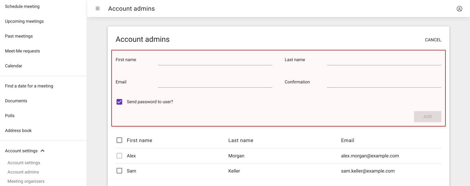 The Account admins page with the add form open: first name, last name, email, confirmation and Send password to user?