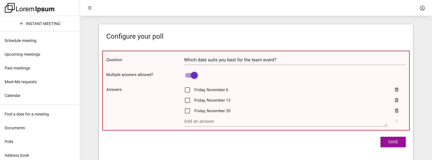 The Configure your poll screen with a question, Multiple answers allowed? switched on and three answers