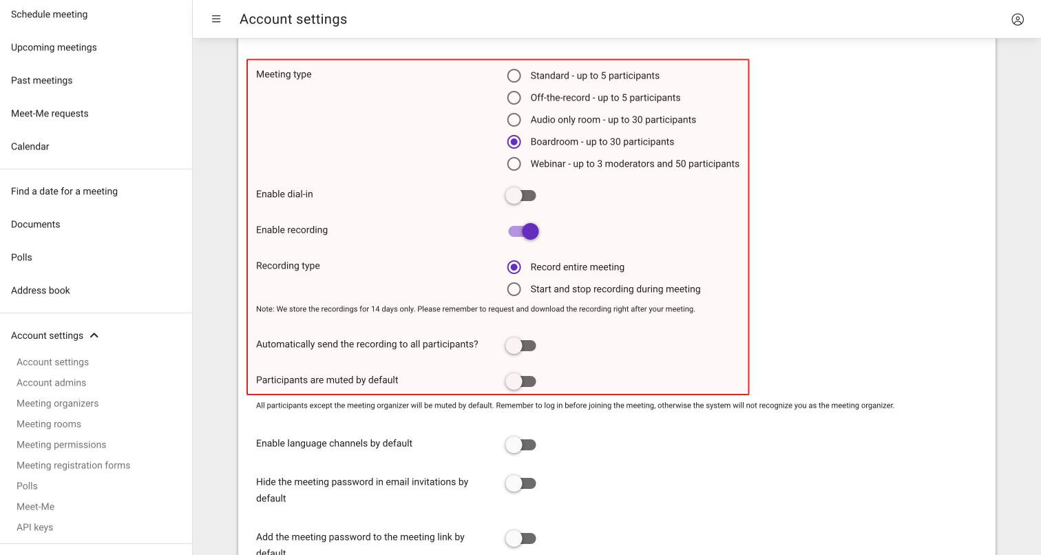The default settings with Boardroom selected and recording switched on, so that the recording options are visible