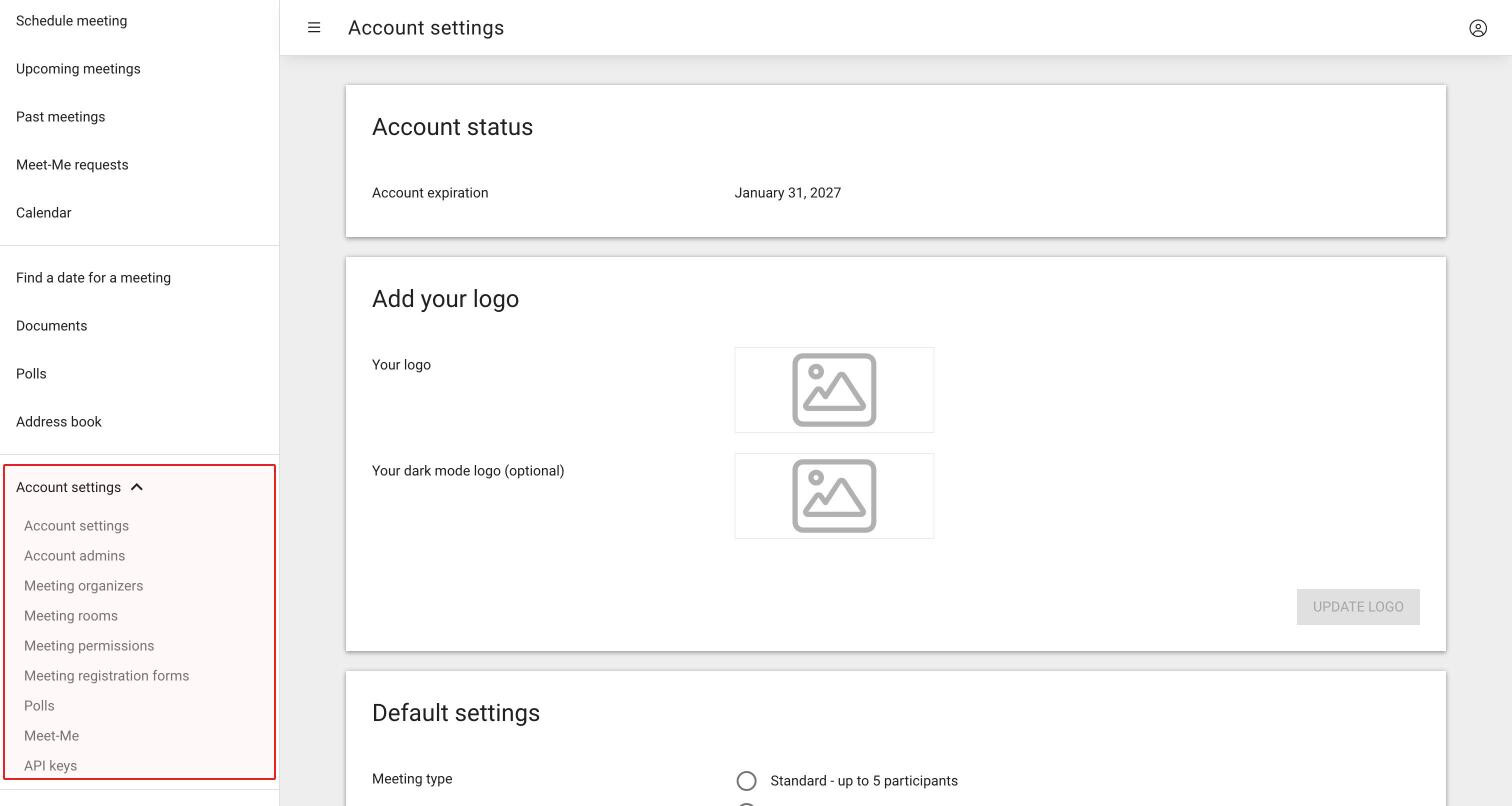 The side menu of an account admin with the Account settings group expanded