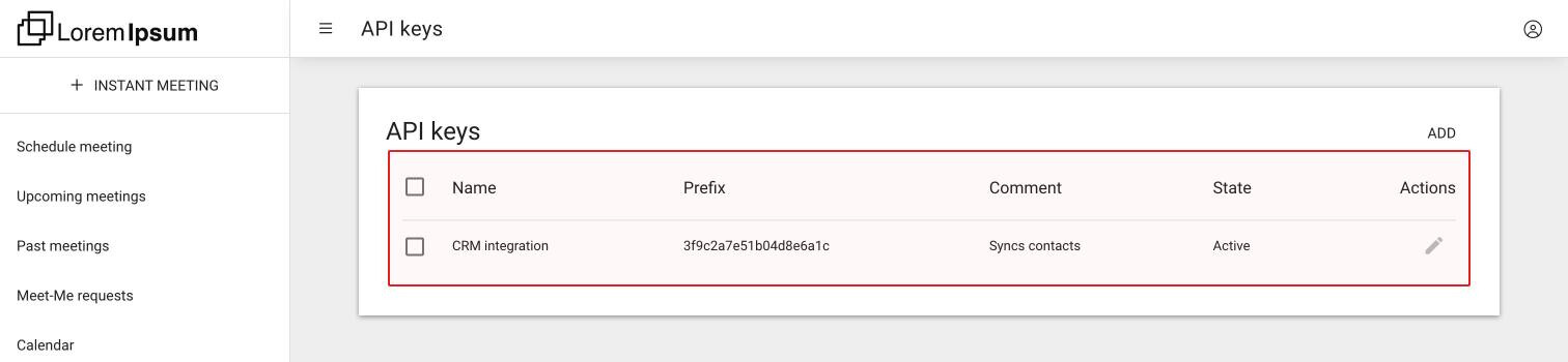 The API keys page with one key in the list: name, prefix, comment and state