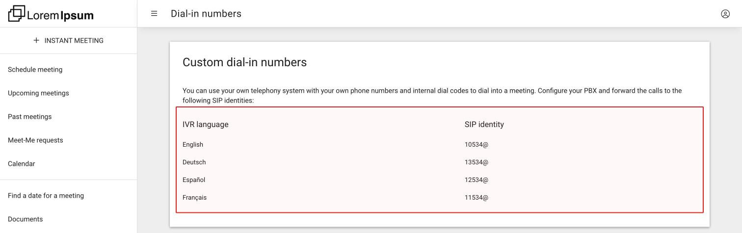 The Custom dial-in numbers card with the table of IVR languages and SIP identities