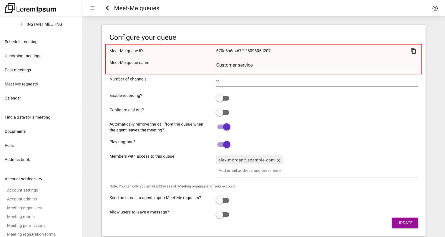 The Configure your queue screen of a saved queue, with the Meet-Me queue ID and the queue name at the top and the queue options below