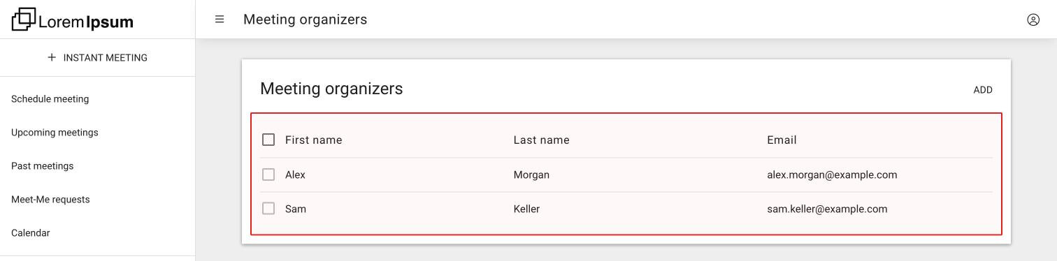 The Meeting organizers page with two organizers in the list