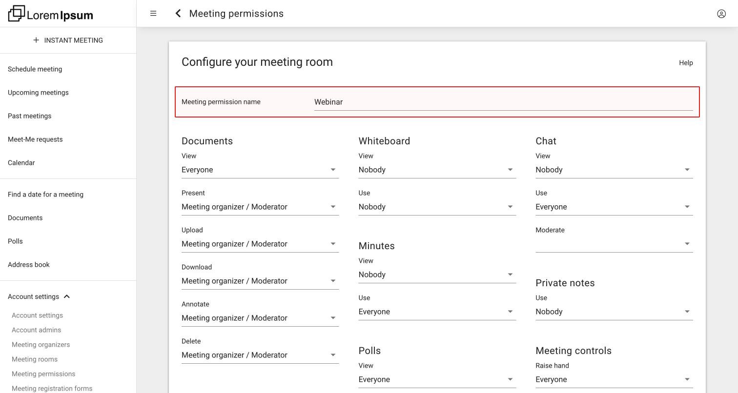 The meeting permissions editor Configure your meeting room with the name Webinar entered and the first categories: Documents, Whiteboard, Chat, Minutes, Private notes, Polls and Meeting controls