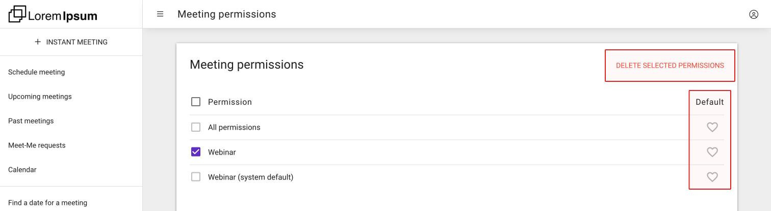 The Meeting permissions list with the Default column of hearts and one template selected, so that Delete selected permissions appears