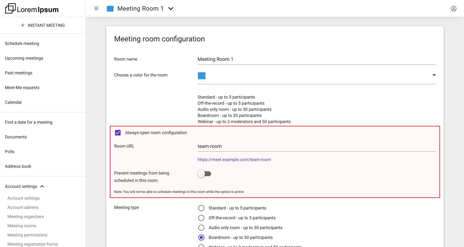 The Meeting room configuration card with Always-open room configuration checked, the room URL and Prevent meetings from being scheduled in this room